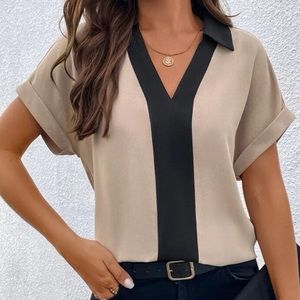 Color block blouse tan and black shirt sleeve